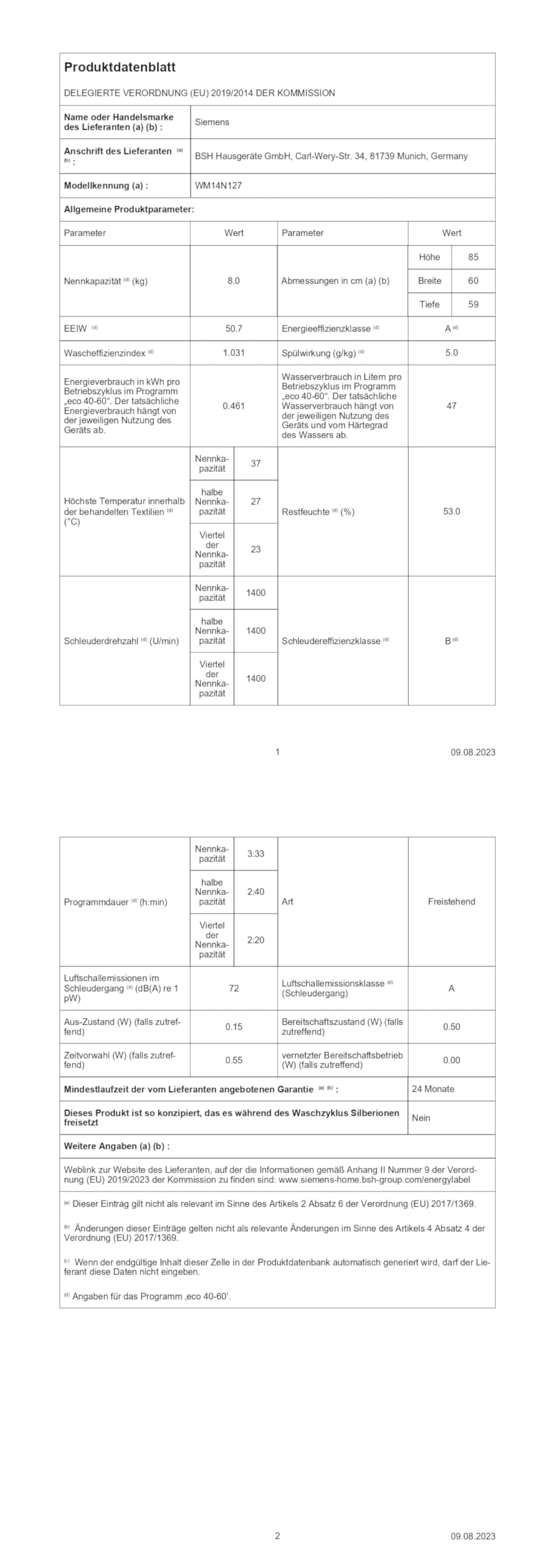 Siemens WM14N127 Waschmaschine iQ300, Frontlader mit 8kg Fassungsvermögen, 1400 UpM, speedPack L, smartFinish, Outdoor-Programm, LED-Display, Weiß, 60cm