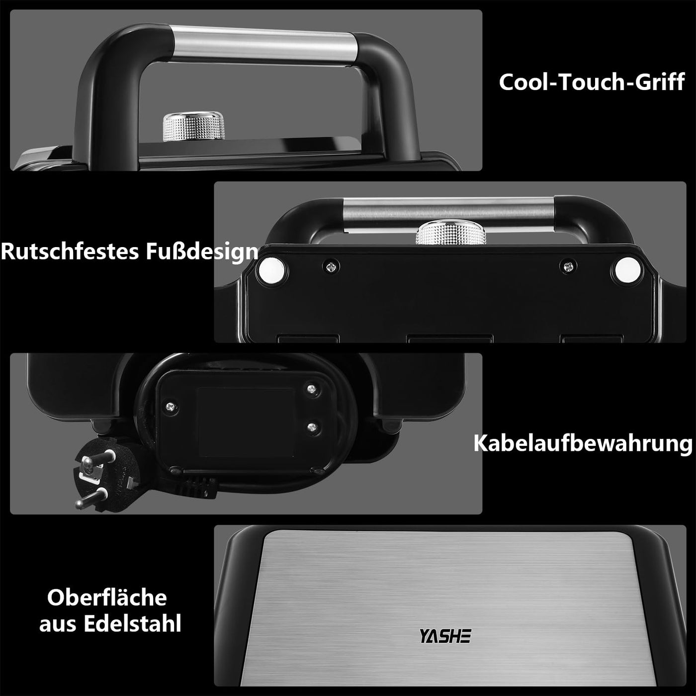 YASHE Waffeleisen Belgische Waffel, 4-Scheiben Quadratisches Belgisches Waffeleisen, 5 Bräunungsknopf, Kontrollleuchten, Anti-Überlauf, Antihaftbeschichtung, 1200W, Silber/Schwarz