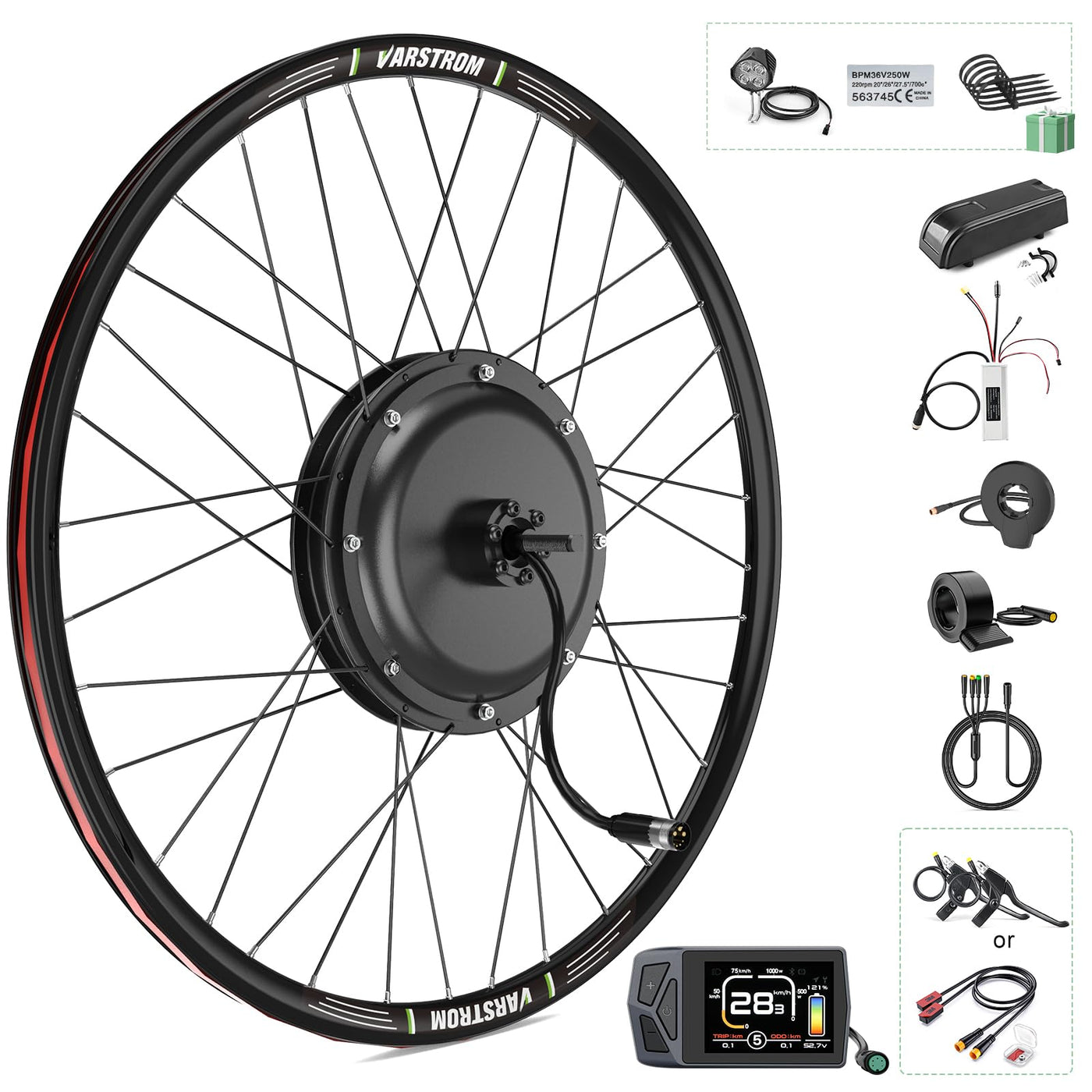 Varstrom Ebike Umbausatz 48V 1000W Hinterradmotor mit Optionale Batterie und Display Elektrofahrrad Conversion Kit für 26" 27,5" 28" 29" 700C für Hinterräder