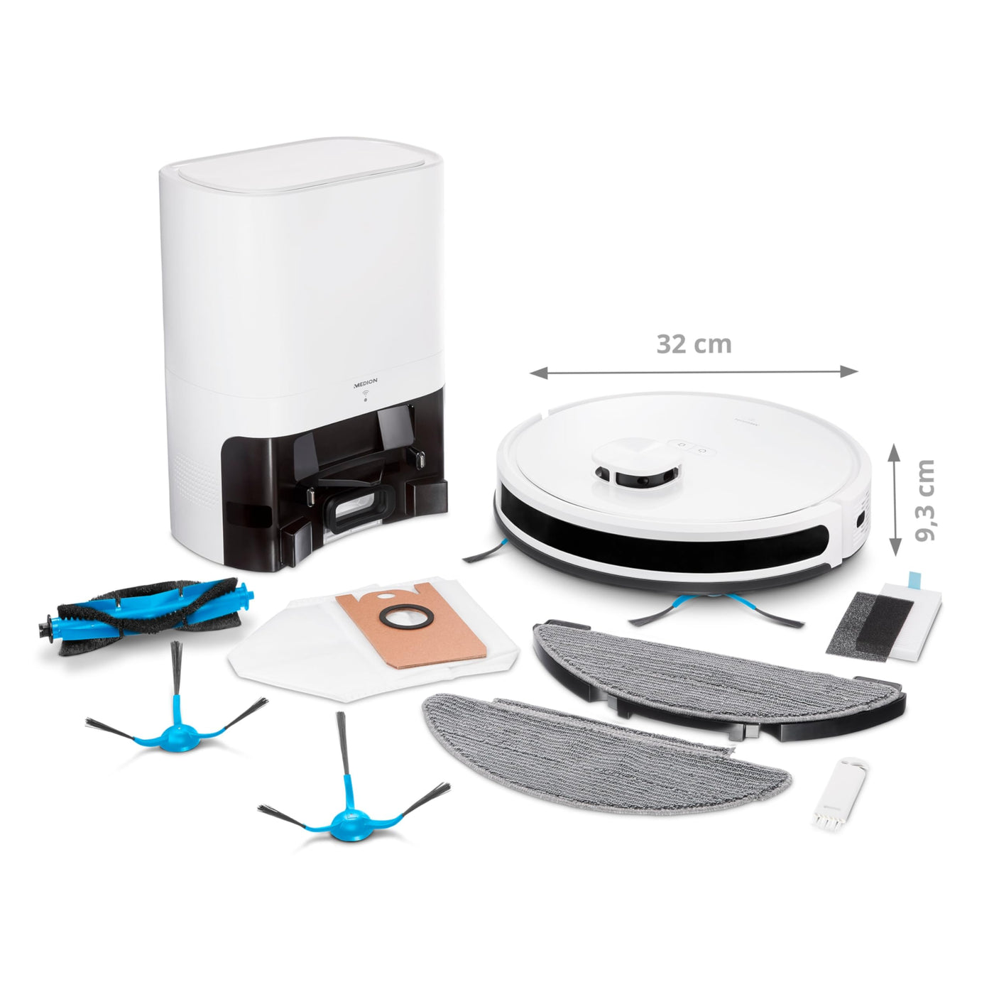 MEDION Saugroboter mit Absaugstation und Wischfunktion X20 SW+ (Lasernavigation, Starke 3000Pa Saugkraft, 2in1 Roboterstaubsauger, präzise Kartenerstellung, Go & No Go Bereiche, mehrere Etagen)