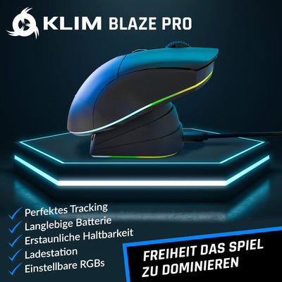 KLIM Blaze Pro Wiederaufladbare kabellose Maus - NEU 2024 - Gaming Maus mit RGB und Ladestation - Hochpräziser Sensor und langlebiger Akku - Bis zu 6000 DPI - Kabel- und Wireless Mouse für PC
