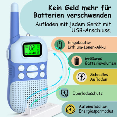 Kidsfun Walkie Talkie Kinder, USB Wiederaufladbar Draußen Spielzeug Walki Talki mit Taschenlampe, Geschenk für Junge und Mädchen ab 3-12 Jahre, 3 Meilen Reichweite für Einkaufen, Freien, Camping