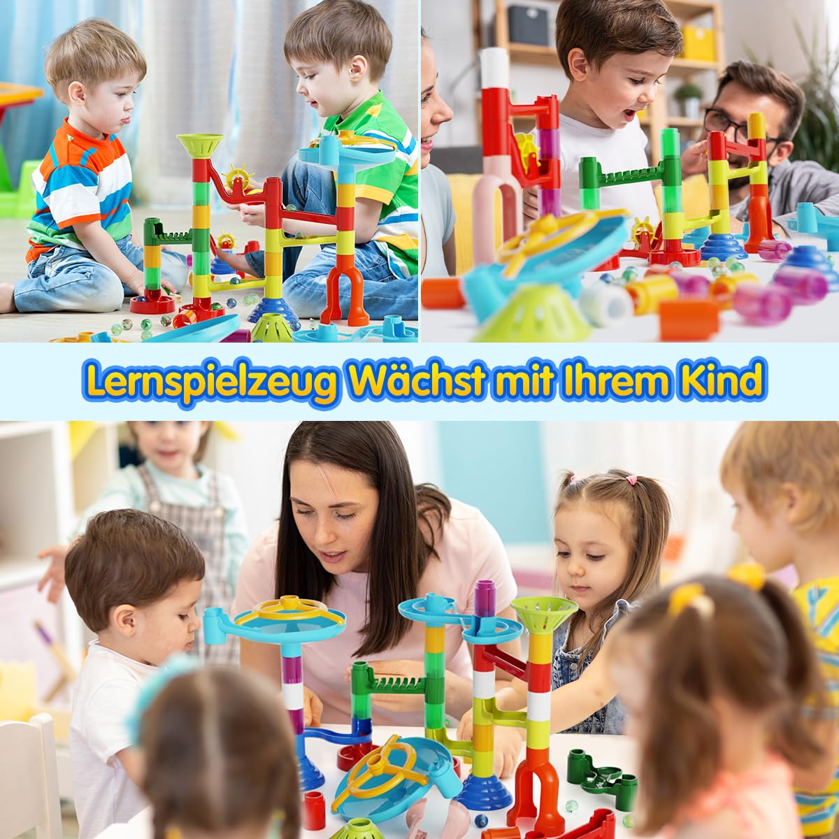 Murmelbahn Kinderspiel - 110PCS Mehrfarbige Kugelbahn Marble Run Set mit Spannende Bahnelementen und Glasmurmeln, kinderspiel Geschenk für Kinder Mädchen Jungen 3-12 Jahren