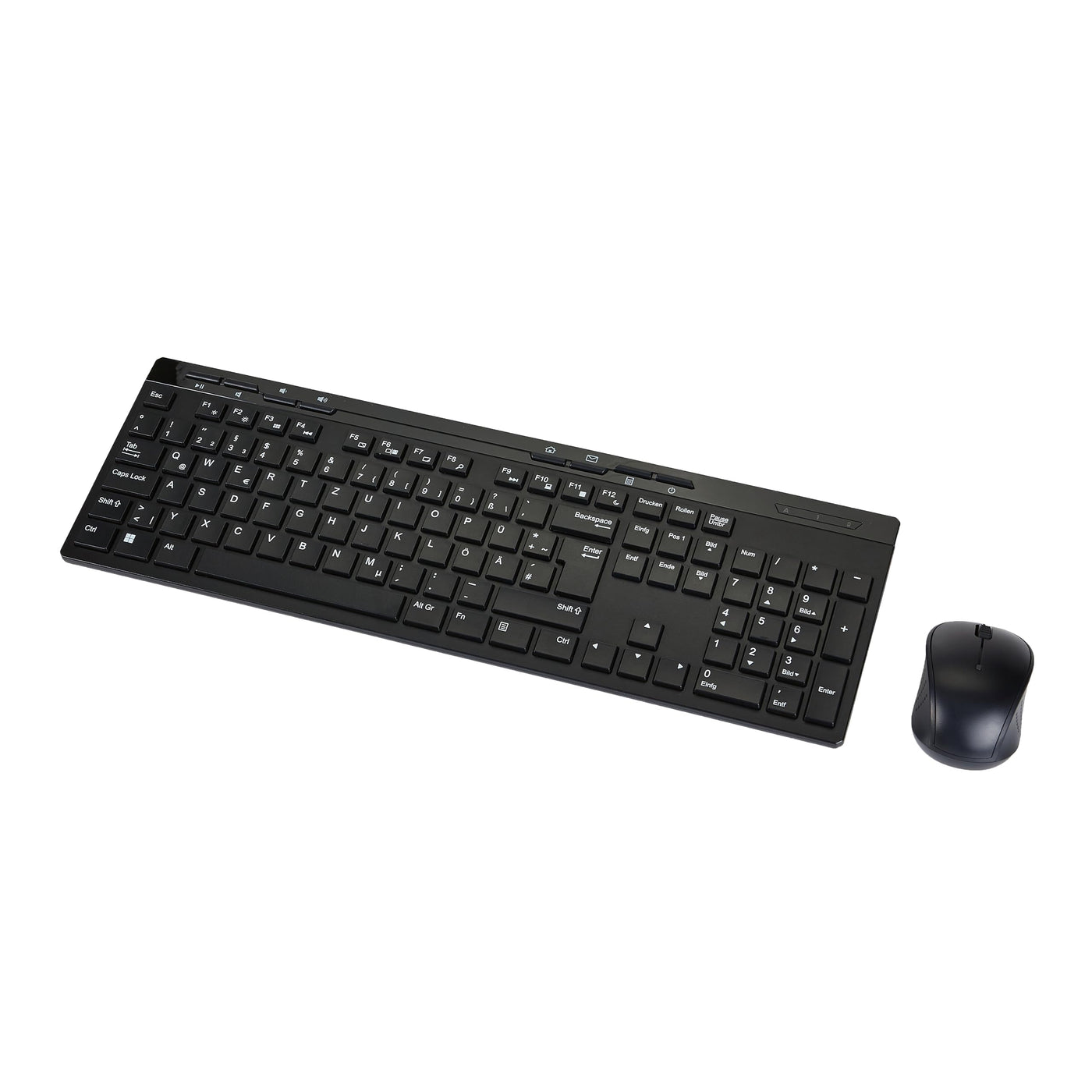 Amazon Basics – Tastatur-Maus-Set, volle Größe, kabellos, USB-Empfänger mit 2,4 GHz, DE-Layout, schwarz