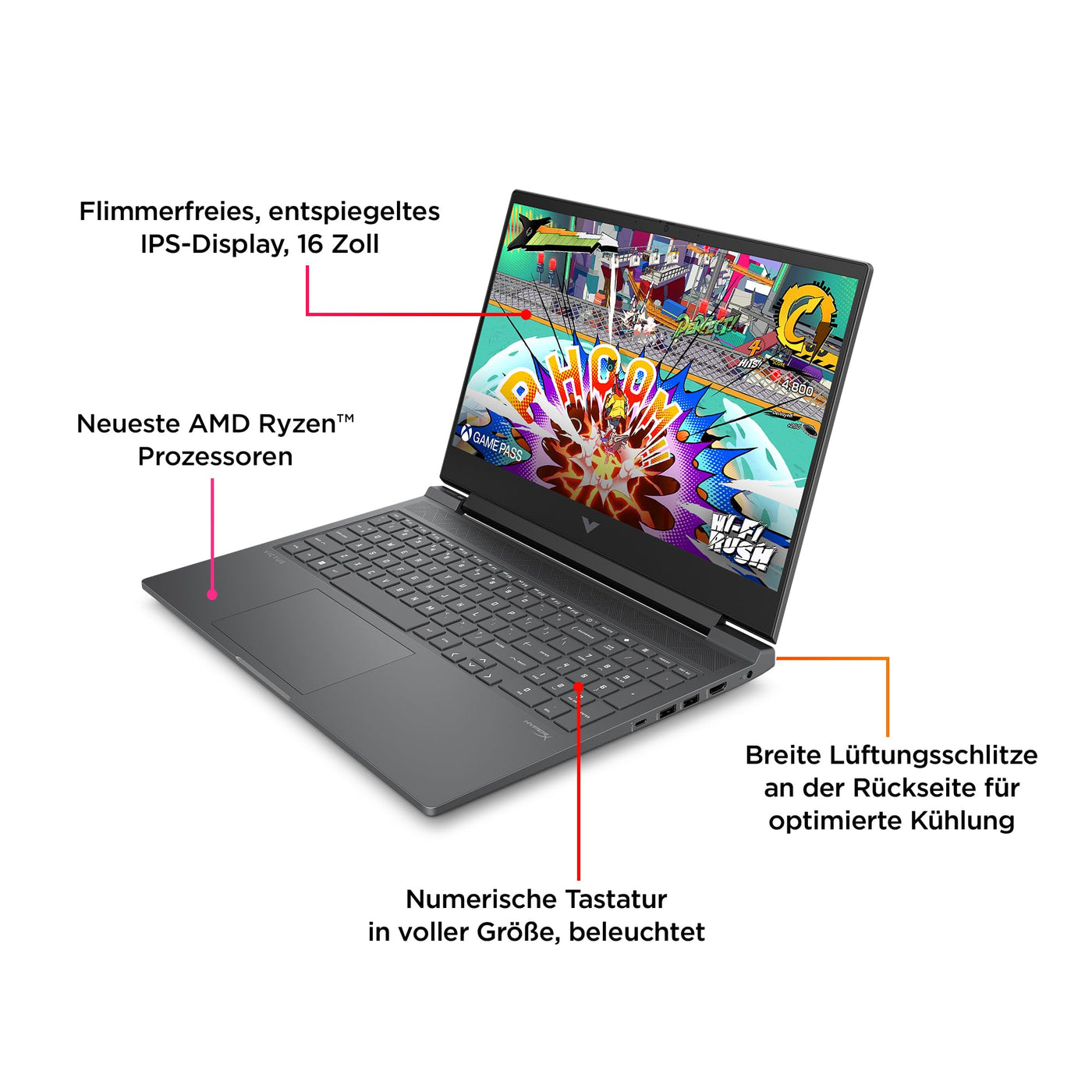 HP Victus Gaming Laptop, 16,1" FHD 144Hz Display, AMD Ryzen 7 8845HS, 16GB DDR5 RAM, 1TB SSD, NVIDIA GeForce RTX 4070 (8GB), QWERTZ, Windows 11, Mica Silver
