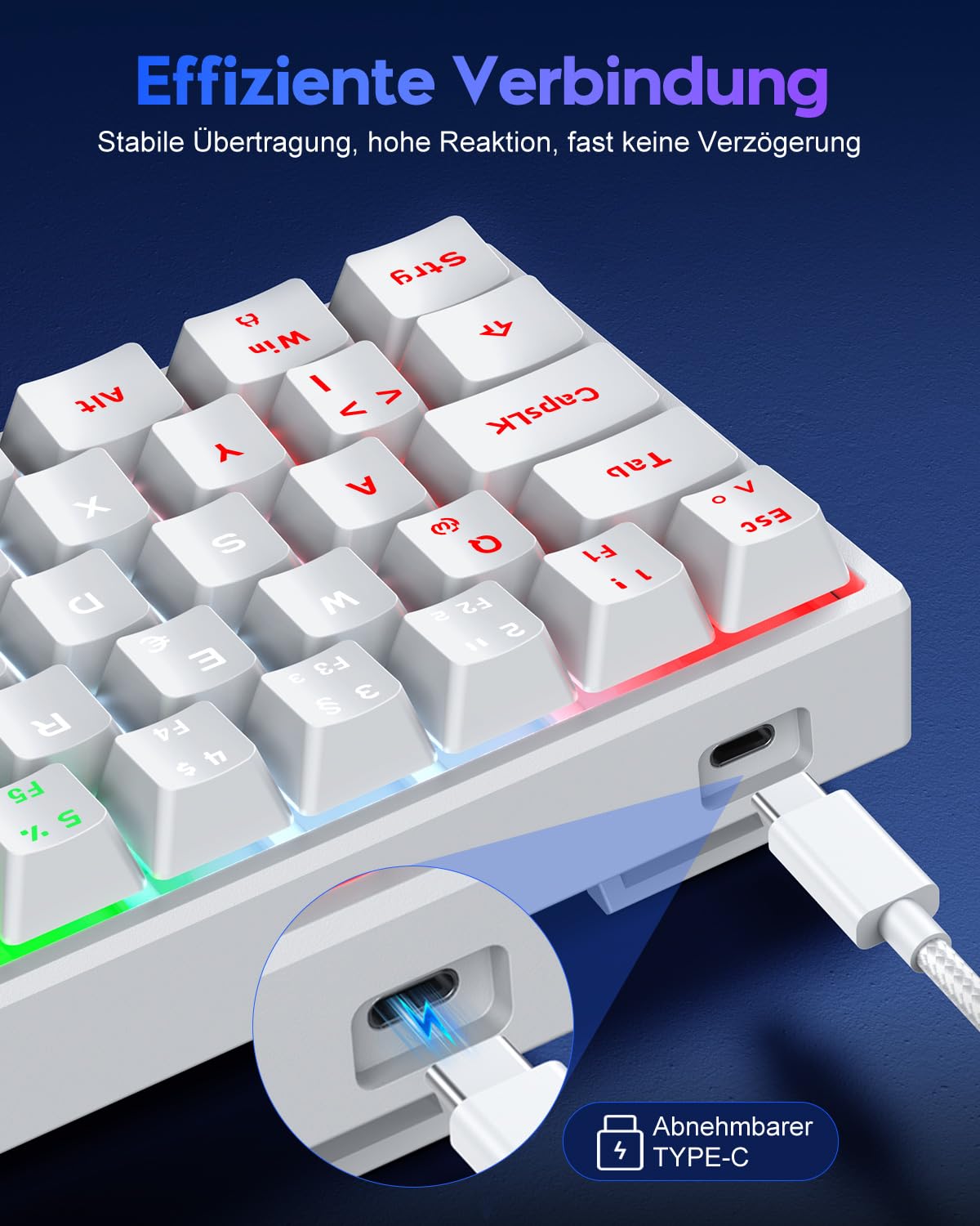 TECURS Gaming Tastatur, Mechanische Tastatur 60% TKL QWERTZ Blaue Schalter, Gamer Tastatur Kabelgebunden 61 Tasten für PC Windows/PS5/PS4, Weiß