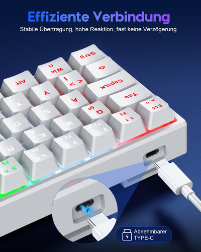 TECURS Gaming Tastatur, Mechanische Tastatur 60% TKL QWERTZ Blaue Schalter, Gamer Tastatur Kabelgebunden 61 Tasten für PC Windows/PS5/PS4, Weiß
