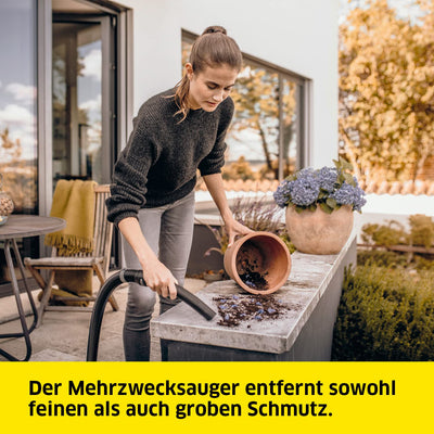 Kärcher Nass-/Trockensauger WD 3 S V-17/4/20, inkl. Patronenfilter, Vliesfilterbeutel, 1.000 W, 2 m und Schlauchaufbewahrung, Blasfunktion, Boden- und Fugendüse, Schwarz, Gelb