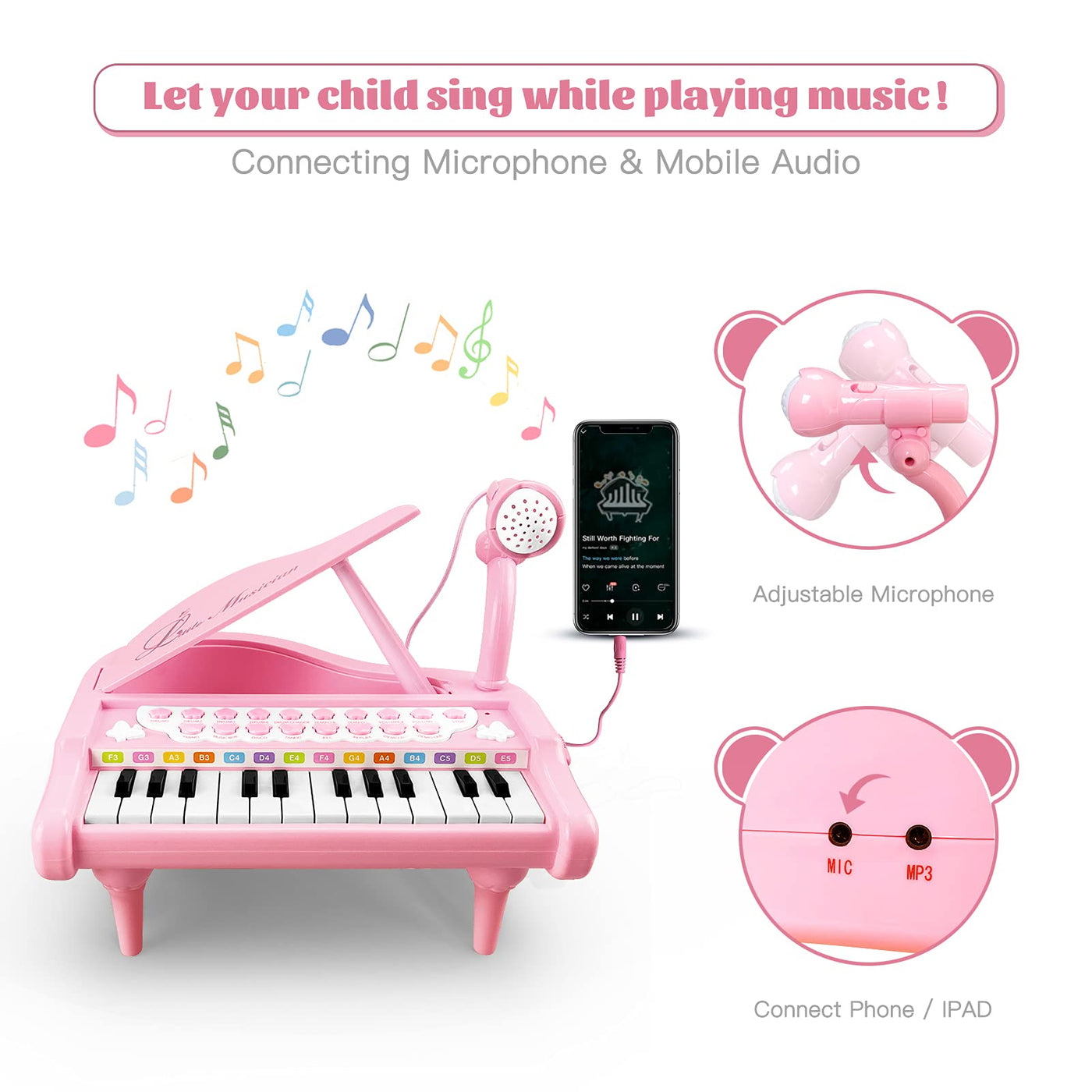 Love&Mini Rosa Klavierspielzeug für Mädchen ab 1 2 3 4 5 Jahr Erster Geburtstag Geschenke Kleinkind Klaviermusik Spielzeuginstrumente mit 24 Tasten und Mikrofon