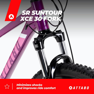 ATTABO Damen Fahrrad Alpe 3.0 mit Aluminiumrahmen 15" Ergonomischer Lenker Hydraulische Scheibenbremsen Lila Mountainbike mit 29" Rädern mit Zubehör Verstellbarer Sattel 24-Gang Schaltung