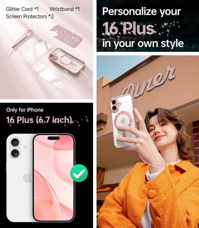 Meifigno Hülle Entwickelt für iPhone 16 Plus, [Kompatibel mit MagSafe][2 Displayschutzfolien] [Glitzerkarte & Handschlaufe] Vollständiger Kameraschutz Entwickelt für 6.7 Zoll Handyhülle, Roségold