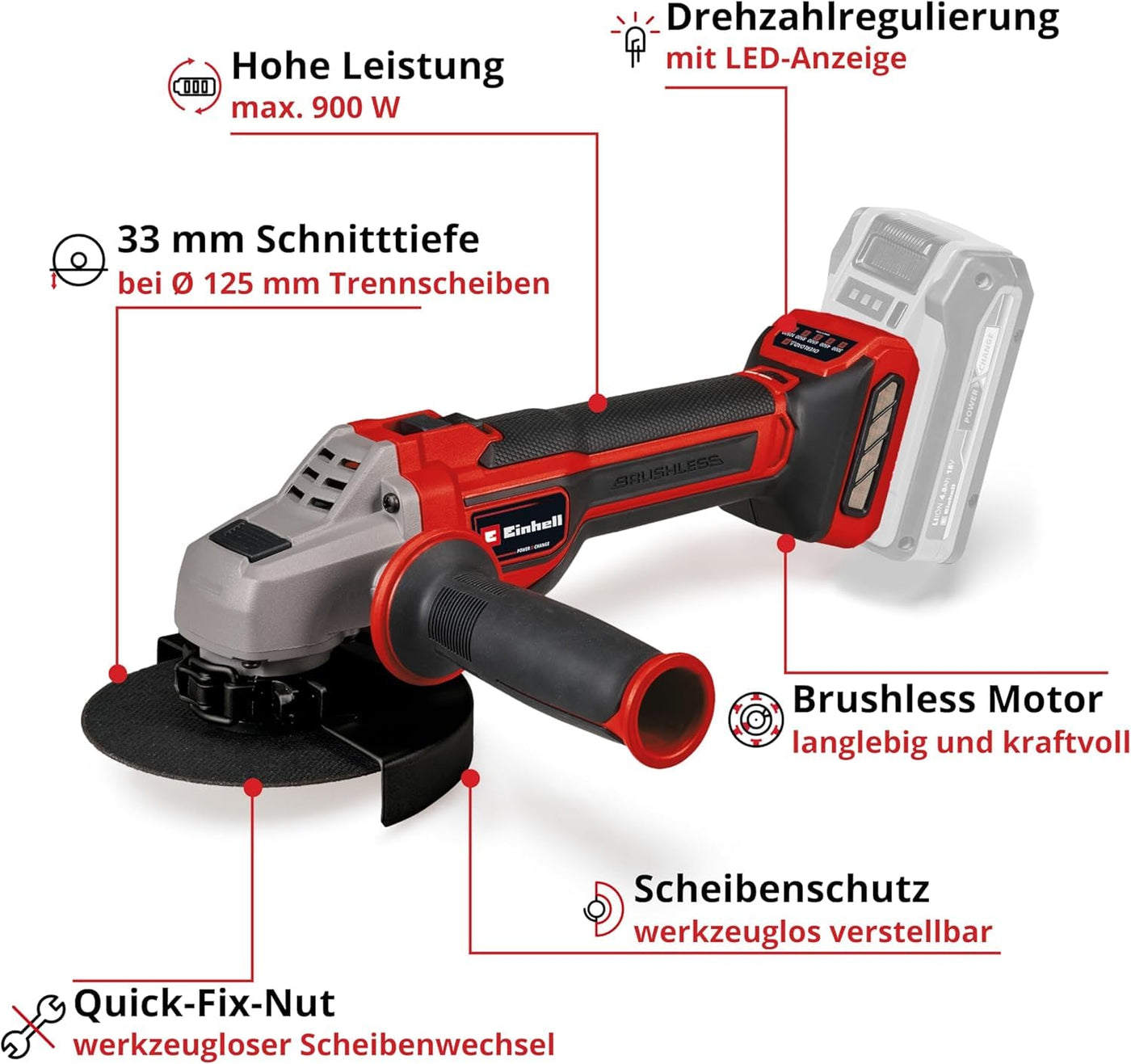 Einhell Professional Akku-Winkelschleifer TP-AG 18/125 CE Q Li Power X-Change (18 V, 900 W, Ø 125 mm, 33 mm Schnitttiefe, Brushless, Konstantelektronik, ohne Trennscheibe, ohne Akku)