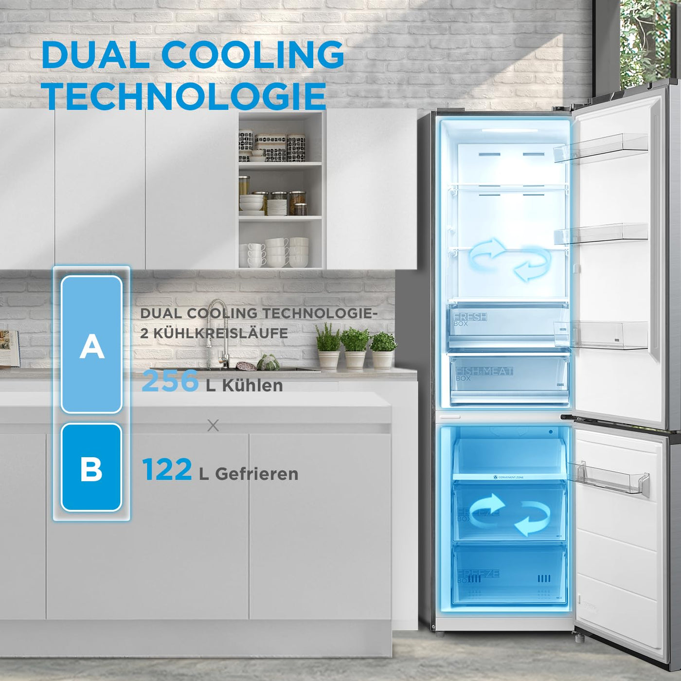 Midea MDRB521MIC46A Kühl-/Gefrierkombination/No Frost/WiFi-Steuerung/Inverter Kompressor/201 cm hoch / 59,5 cm breit /70 cm tiefe/177 kWh/Jahr/256 L Kühlteil/122 L Gefrierteil, Front Inox