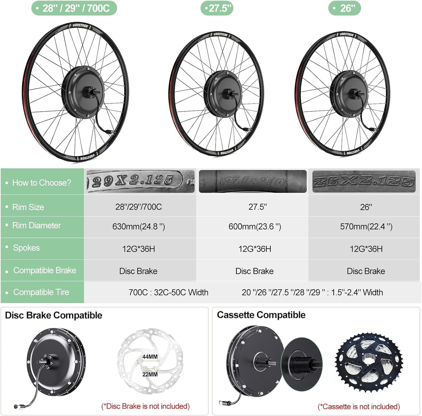 Varstrom Ebike Umbausatz 48V 1000W Hinterradmotor mit Optionale Batterie und Display Elektrofahrrad Conversion Kit für 26" 27,5" 28" 29" 700C für Hinterräder