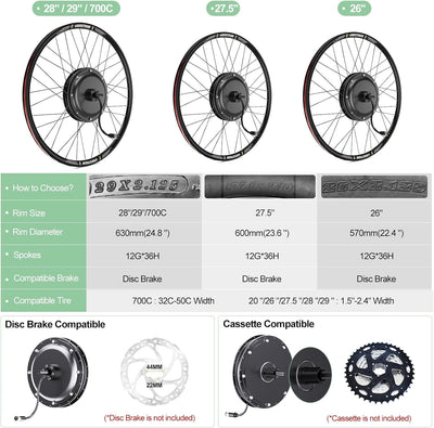 Varstrom Ebike Umbausatz 48V 1000W Hinterradmotor mit Optionale Batterie und Display Elektrofahrrad Conversion Kit für 26" 27,5" 28" 29" 700C für Hinterräder