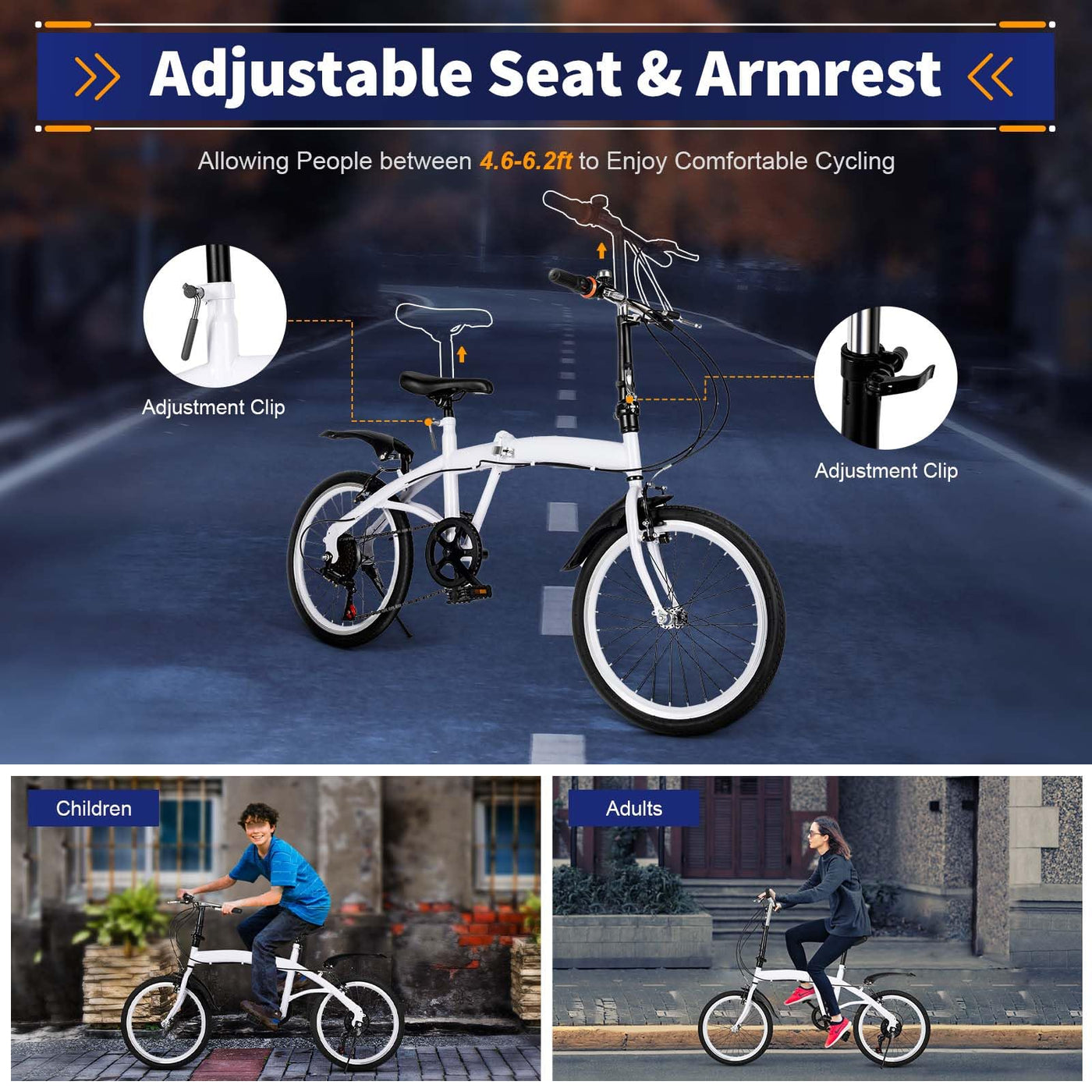 Wiefiche 20 Zoll Faltrad, Klapprad mit 6 Gang-Schaltung Klappfahrrad für Damen und Herren Erwachsene Folding City Bike geeignet ab 140 cm-190 cm für Sport Outdoor Radfahren Pendeln, Weiß