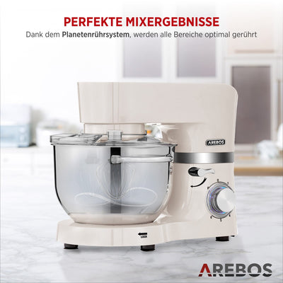 Arebos Küchenmaschine 1500W Türkis | Knetmaschine mit 2x Edelstahl-Rührschüsseln 4,5 & 5,5L | Geräuscharm | Küchenmixer mit Rührhaken, Knethaken, Schlagbesen und Spritzschutz | 6 Geschwindigkeiten