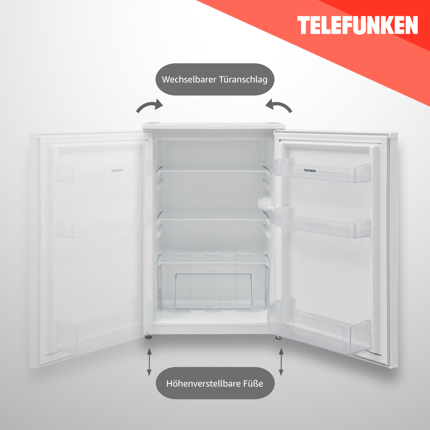 TELEFUNKEN Kühlschrank ohne Gefrierfach | Freistehend | 135 Liter Nutzinhalt | Kühlschrank klein mit Gemüsefach | LED-Beleuchtung | Türanschlag wechselbar | C-135-100-W weiß