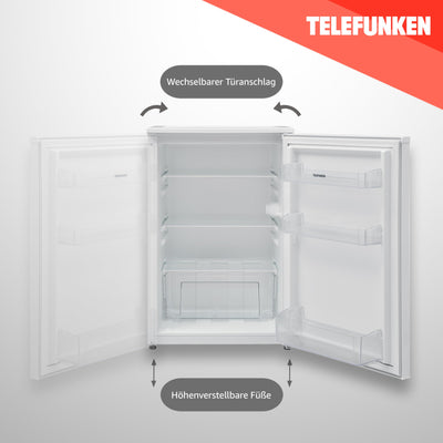 TELEFUNKEN Kühlschrank ohne Gefrierfach | Freistehend | 135 Liter Nutzinhalt | Kühlschrank klein mit Gemüsefach | LED-Beleuchtung | Türanschlag wechselbar | C-135-100-W weiß