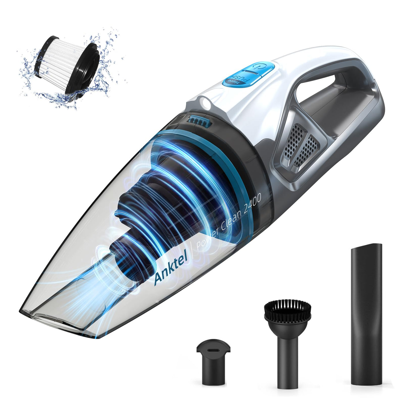 Anktel Handstaubsauger Testsieger 9000Pa mit LED Beleuchtung Handstaubsauger Akku Kabellos Nass&Trocken Handsauger mit Waschbar HEPA-Filter Beutellos per Auto, Haus -PowerClean 2400-