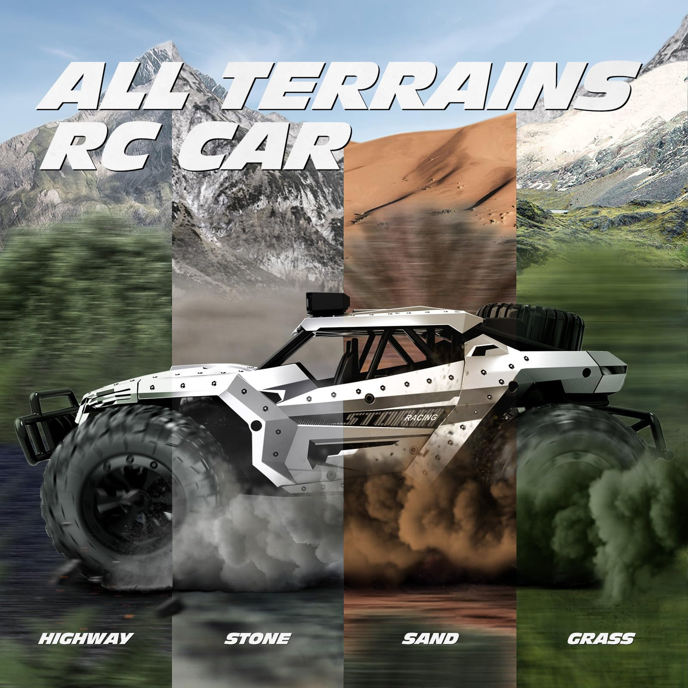 Tecnock Ferngesteuertes Auto 1:16 mit Scheinwerfer und Fahrgestellbeleuchtung, All Terrain Off Road RC Monstertruck 2,4GHz Spielzeug, 2 Akku für 60 Min. Laufzeit - Geschenk für Erwachsene Kinder