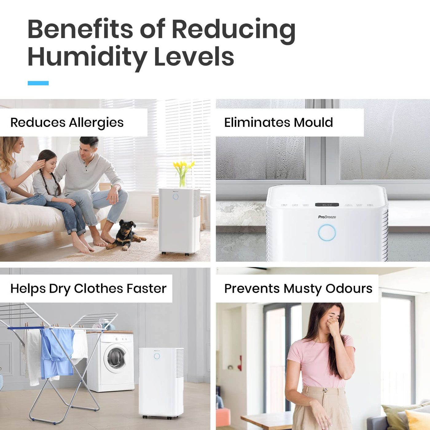 Pro Breeze Luftentfeuchter 12L in 24h Entfeuchtungsleistung - Luftentfeuchter elektrisch mit Feuchtigkeitssensor, Ablaufschlauch, Digitalanzeige, Schlafmodus, Timer - Gegen Feuchtigkeit, Schimmel