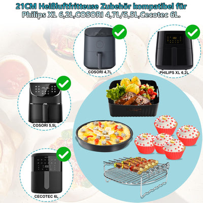 Heißluftfritteuse Zubehör 21cm, Airfryer Zubehör Kompatibel für Philips Airfryer XL 6,2L, COSORI 5,5L 4,7L, Cecotec 6L Airfryer Silikonform Pot, Wiederverwendbar Air Fryer Accessories- 4 stk