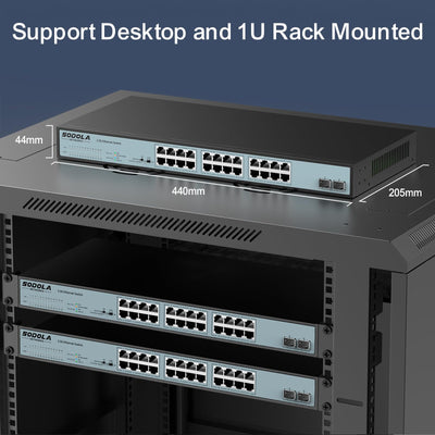 SODOLA Umanaged Switch mit 24 Ports, 2,5 GB, 24 x 2,5 G Base-T-Ports, 2 x 10 G SFP, 160 Gbit/s Schaltkapazität, Portisolierung, IU Rack-Mount/lüfterlos/Plug & Play Multi-Gig, nicht verwalteter