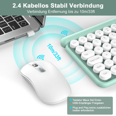 Tastatur Maus Set Kabellos,RaceGT Retro Schreibmaschine Tastatur Funktastatur mit Maus USB Grün Tastatur Bunt Maus und Tastatur Wireless Keyboard and Mouse QWERTZ Deutsch Layout
