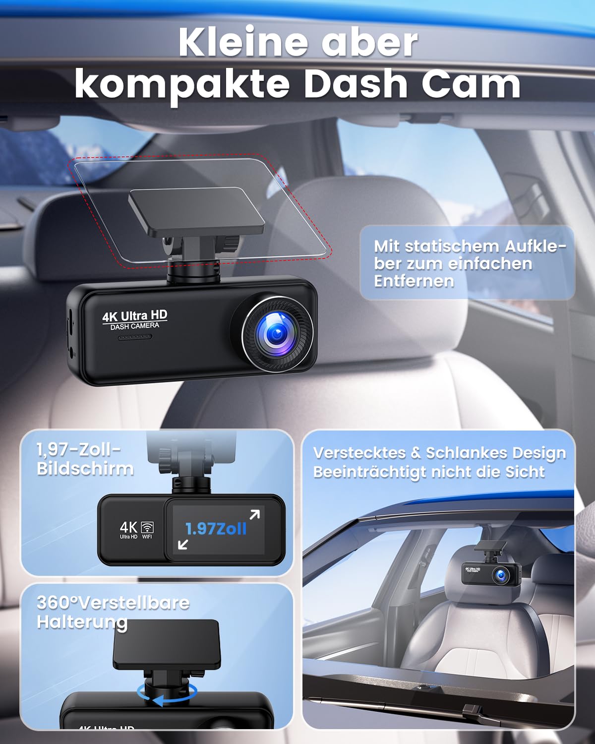 Dashcam Auto 4K+1080P SIGRILL Dashcam Auto Vorne Hinten, WiFi Dash Cam APP Steuerung, kostenlose 64-GB-Karte, Ultra Nachtsicht Daschcam, 24H Parkmodus, G-Sensor, Loop-Aufnahme, Max 256GB