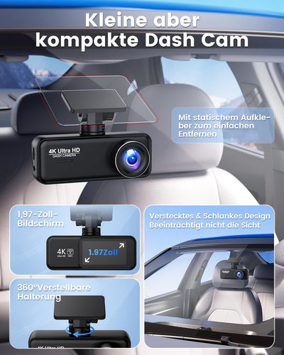 Dashcam Auto 4K+1080P SIGRILL Dashcam Auto Vorne Hinten, WiFi Dash Cam APP Steuerung, kostenlose 64-GB-Karte, Ultra Nachtsicht Daschcam, 24H Parkmodus, G-Sensor, Loop-Aufnahme, Max 256GB