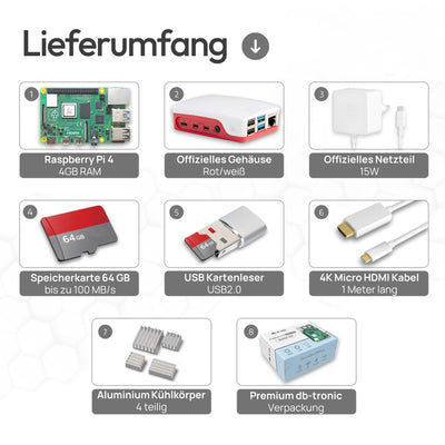 Raspberry Pi 4 4GB Starter-Kit | USB-C Netzteil 15W | Gehäuse | 64GB SD Karte | 4k Micro HDMI Kabel | Kühlkörper Set