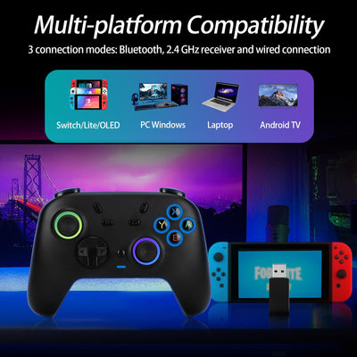 DoJoZone PC Controller Wireless mit Ladestation, Switch Pro Controller mit Hall Effekt Joystick (Kein Drift) Hall Trigger, 7 RGB Licht, 2.4G Gaming Controller für PC Windows/Switch/OLED/Lite/Steam