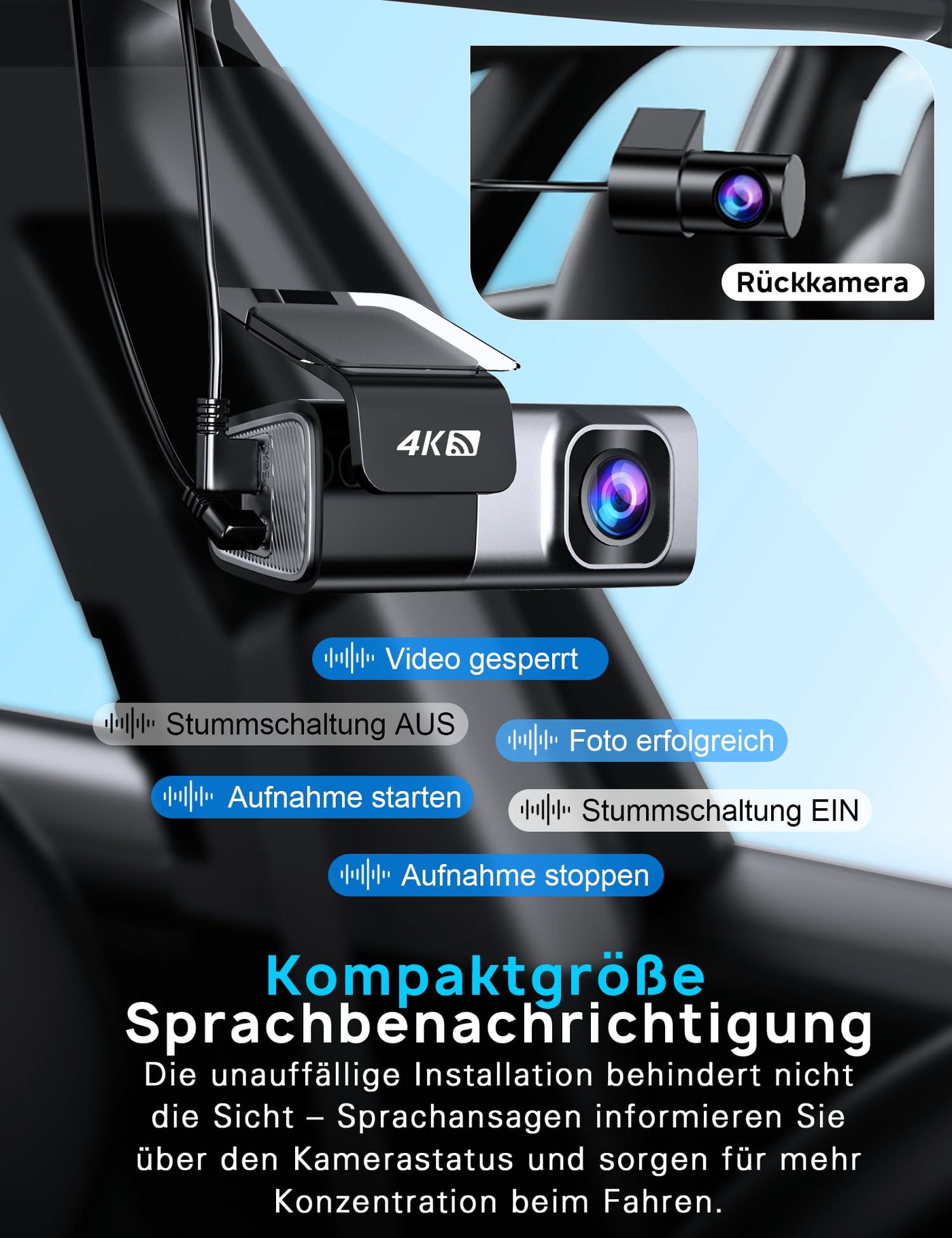 Dashcam Auto Vorne Hinten 4K+1080P, Navycrest 5GHz WiFi Dash Cam mit 64GB SD Karte, Dual Auto Kamera mit Super Nachtsicht, WDR, G-Sensor, 24/7 Parküberwachung, Loop-Aufnahme, APP Steuerung, Max 256G