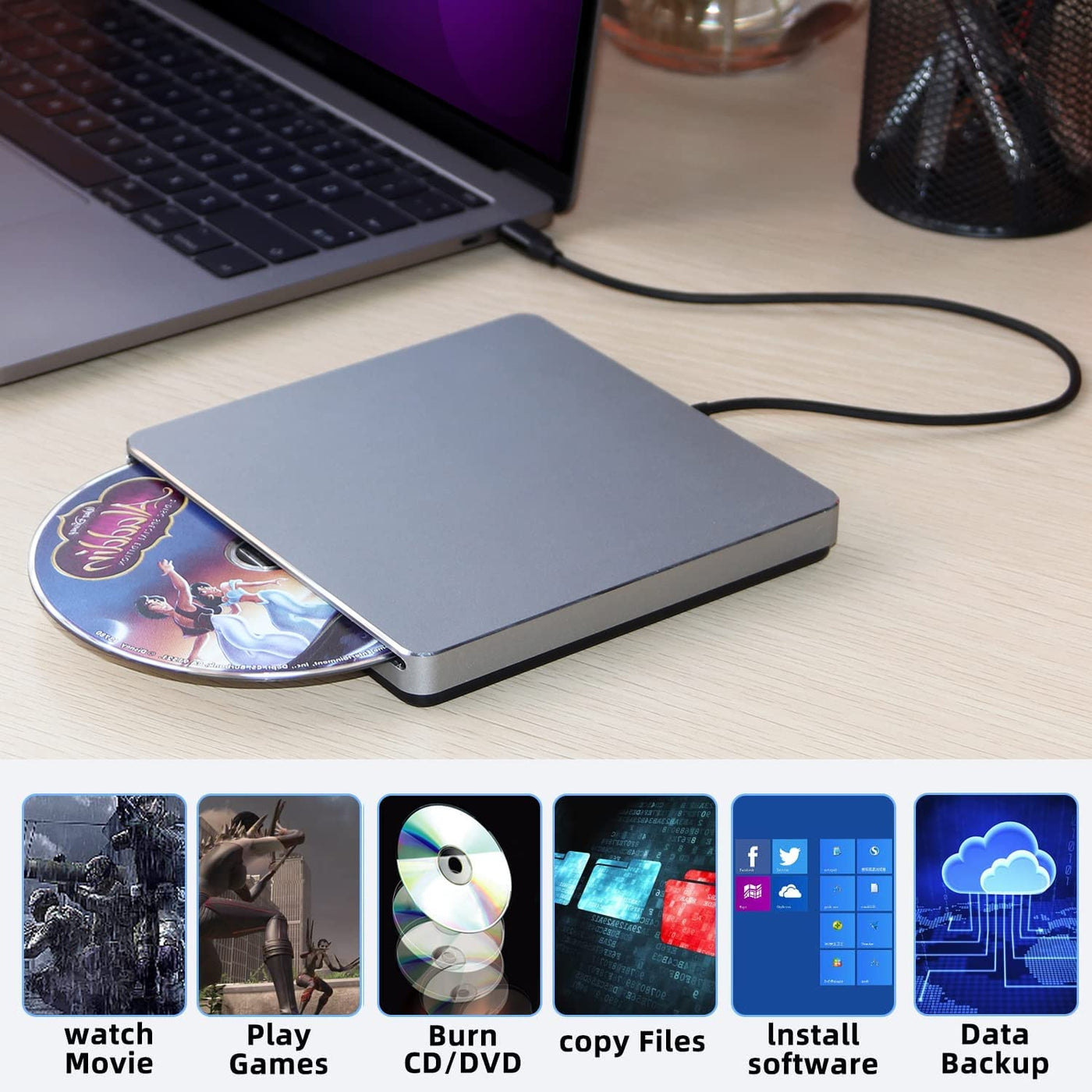 NOLYTH Externes DVD Laufwerk, CD Laufwerk Extern USB, Slot-in DVD Laufwerk Extern für Mac, Portable Externe Optische Laufwerke DVD Brenner Extern CD Externes Laufwerk für Laptop PC Apple Windows