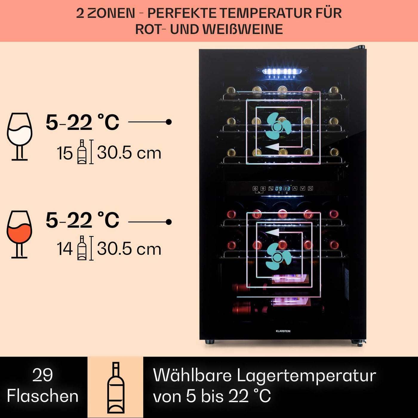 Klarstein Weinkühlschrank, 2 Zonen Getränkekühlschrank Klein, Freistehender Kleiner Weinschrank 80L, Wein-Kühlschrank mit Glastür, Indoor/Outdoor Flaschenkühlschrank, Wine Fridge 29 Flaschen