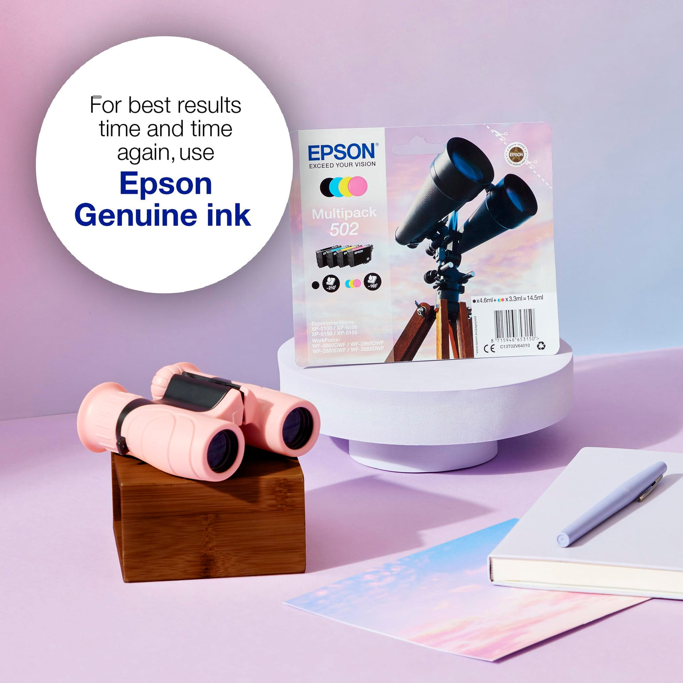 Epson Original 502 Tinte Fernglas Multipack 4-farbig Standard, XP-5100 XP-5105 XP-5150 XP-5155 WF-2860DWF WF-2865DWF WF-2880DWF WF-2885DWF, ReadyPrint Flex-Tintentarife