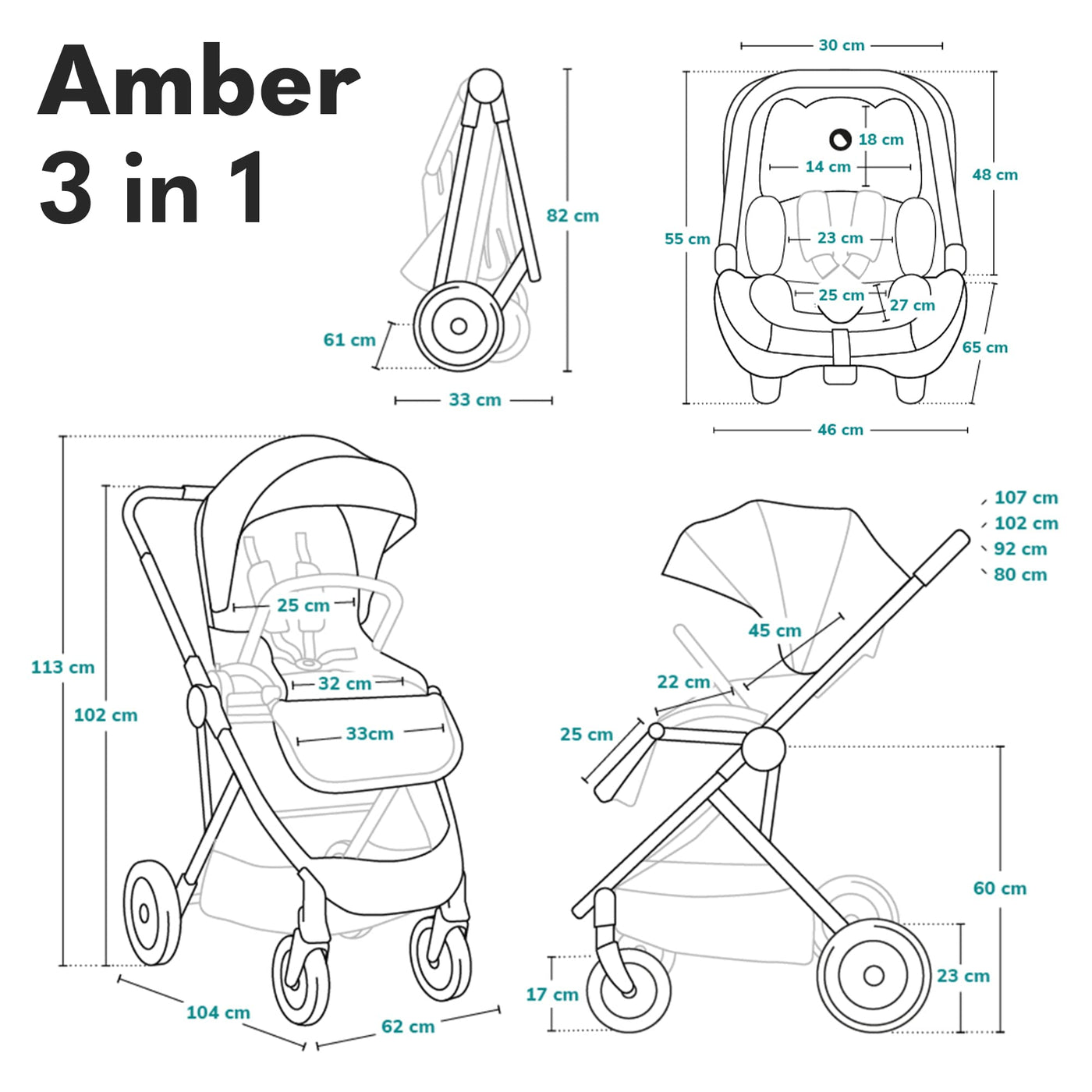 LIONELO Amber Kinderwagen 3 in 1 Kombikinderwagen Set sportlicher Sitz fester Babywanne Autositz Tasche Moskitonetz Regenschutz XXL-Dach mit Sonnenschutz (GRAU GRAFIT)