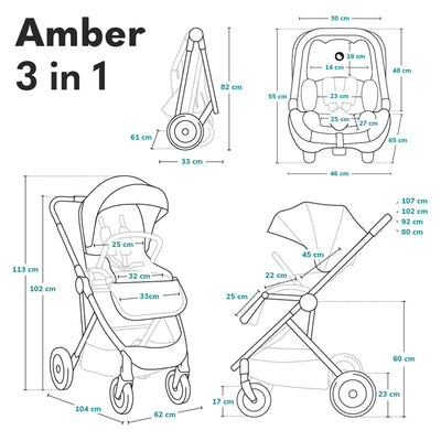LIONELO Amber Kinderwagen 3 in 1 Kombikinderwagen Set sportlicher Sitz fester Babywanne Autositz Tasche Moskitonetz Regenschutz XXL-Dach mit Sonnenschutz (GRAU GRAFIT)