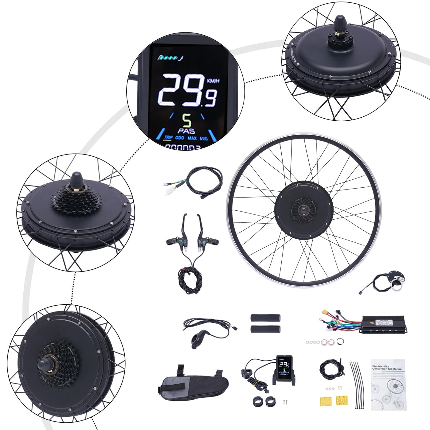 48V 1000w Ebike Umbausatz,28 Zoll 29 Zoll Hinterrad/Vorderrad Umbausatz Kit,Elektrofahrrad Umbausatz Ebike Conversion Kit mit LCD Display,Integriertem Controller,PAS (Hinterrad, 48V 1000W)