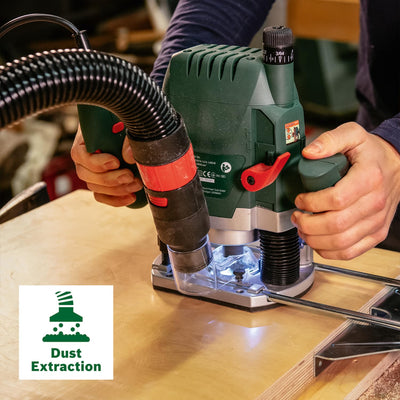 Bosch Oberfräse POF 1400 ACE (1400 W; für Holzbearbeitung; 3x Spannzange; Fräser; Parallelanschlag; Absaugadapter; im Koffer), Testnote: Testsieger (Magazin: selbst ist der Mann)