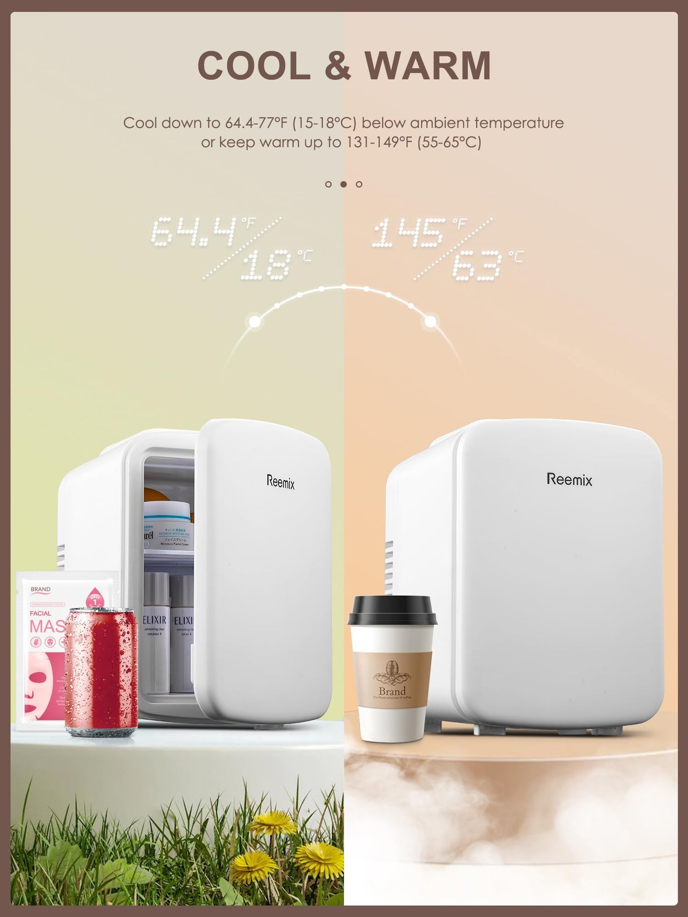 Reemix Mini-Kühlschrank, 4 Liter/6 Dosen, tragbarer Kühler und Wärmer persönlicher Kühlschrank für Hautpflege, Kosmetik, Getränke, Lebensmittel, ideal für Schlafzimmer, Büro, Auto, Freonfrei (Weiß)