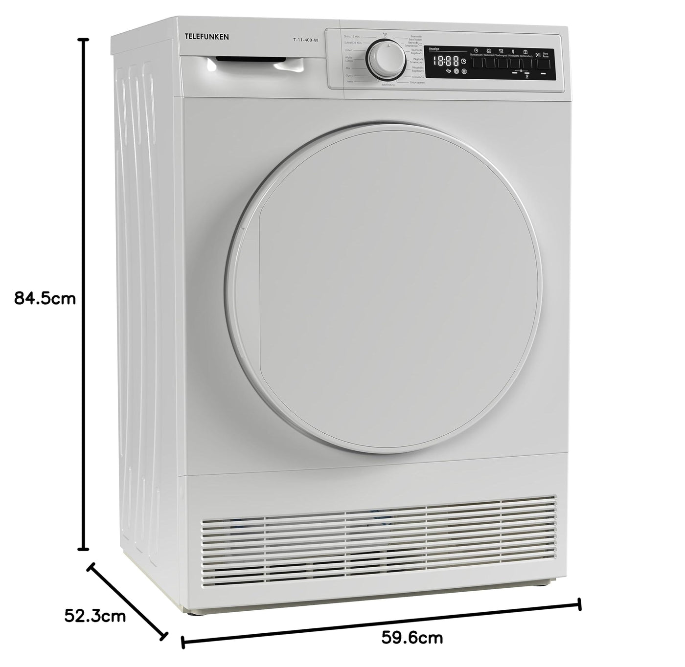Telefunken T-11-400-W Kondenstrockner / 7kg Trockner mit 15 Programmen, Startzeitvorwahl, Knitterschutz & reversierenden Trommelbewegungen, weiß