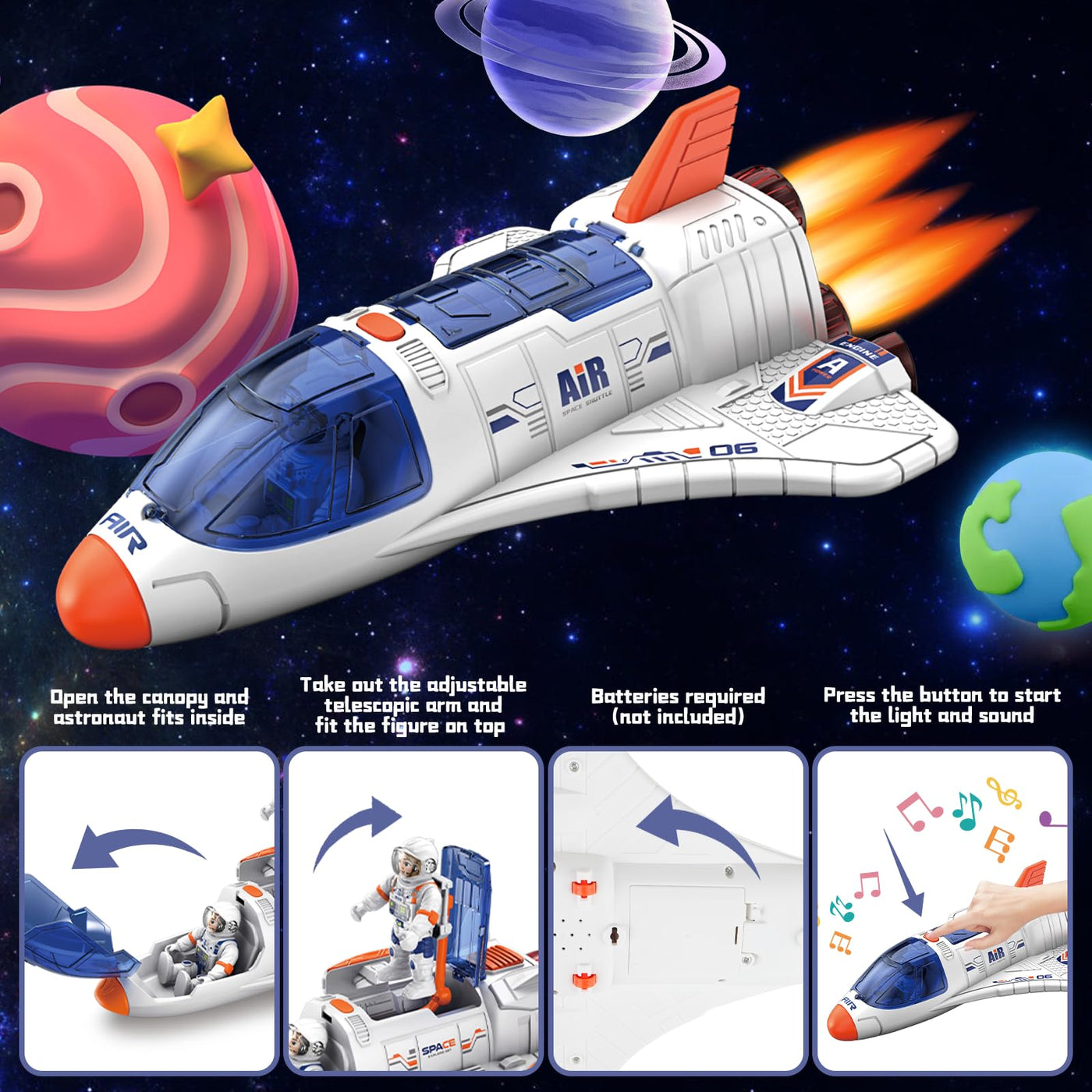 deAO Space Shuttle Rakete Spielzeug mit Licht & Sound, Rauchfunktionen, 5 In1 STEM Wissenschaft Lernspielzeug Projektionslampe Weltraumspielzeug, mit 4 Astronauten, Geschenk für 4 - 9 Junge Mädchen