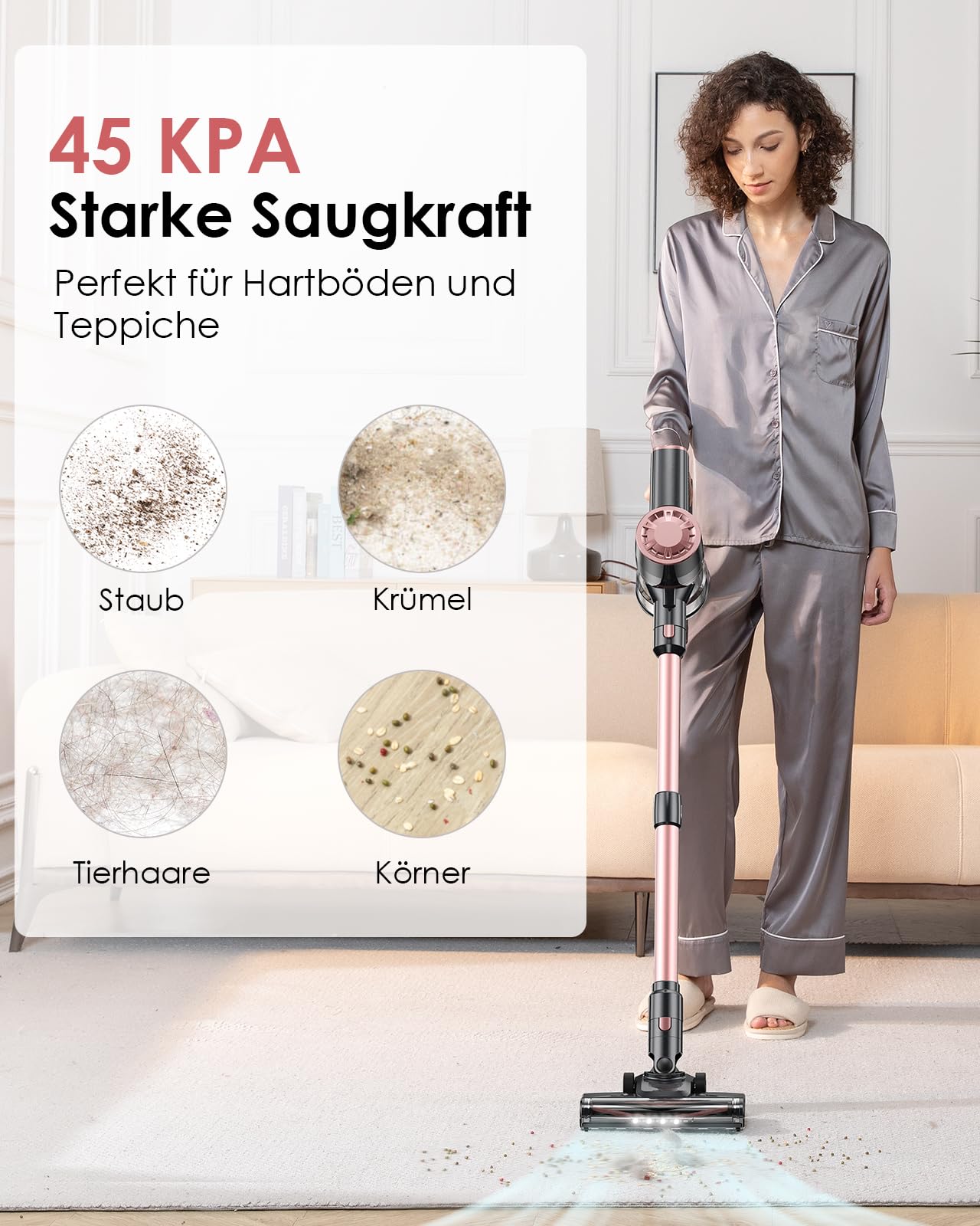 Vexilar Akku Staubsauger 45000Pa/ 50Mins/ 450W, 6-in-1 Staubsauger Kabellos Selbststehend, Akkustaubsauger mit LED Touchscreen, Klein und Leicht für Hartböden Teppiche Tierhaare
