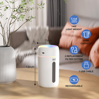KARFUN Luftbefeuchter,Mini Humidifiers fürs Auto mit 7 Farben Licht,Leiser Raumbefeuchter Klein,Automatische und Leise,Abschaltung,Büro,Schlafzimmer,Auto,Desktop (Weiß)