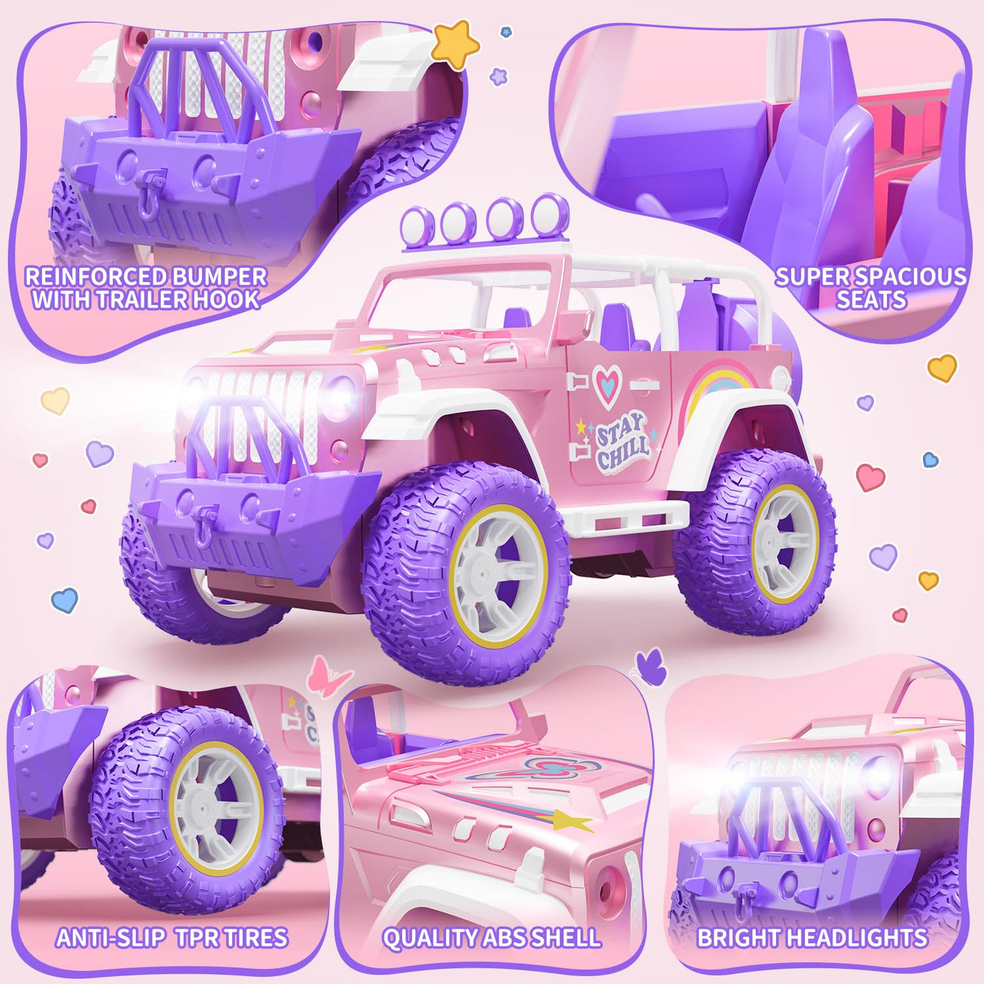 DEERC Pink Ferngesteuertes Auto für Mädchen mit Nebel und Musik, 1:16 RC Auto mit LED-Lichtern für Kinder, All-Terrain SUV Truck Geschenke, Geländewagen Spielzeugauto, Mädchen Spielzeug DE86-PI-DE4