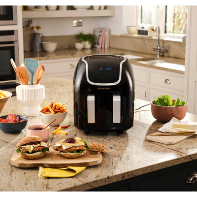 Russell Hobbs Heißluftfritteuse Doppelkammer [2 Fächer je 4,25l, nur getrennt nutzbar, Gesamtvolumen 8,5l] Rapid Air Fryer Technik (8 Programme, spülmaschinenfest,Touchscreen) AirFryer 27290-56S