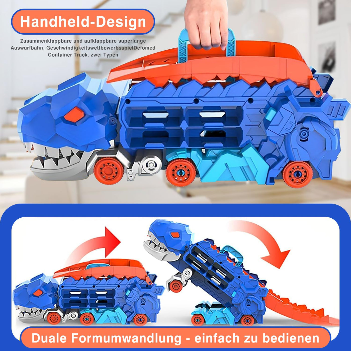 Esteopt Transport Truck Spielzeug Autos für Jungen Alter 3 4 5 6 7, tragbare Dinosaurier Rennstrecke Truck mit 12 Dinosaurier Set Geschenkbox (Blau)