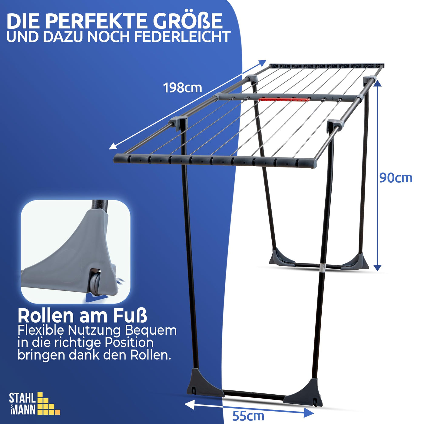 STAHLMANN ® Wäscheständer ausziehbar [20M Trockenfläche ] - Wäscheständer XXL [Made IN EU] - Wäscheständer schwarz mit Klemmen für kleine Wäschestücke - Wäscheständer platzsparend